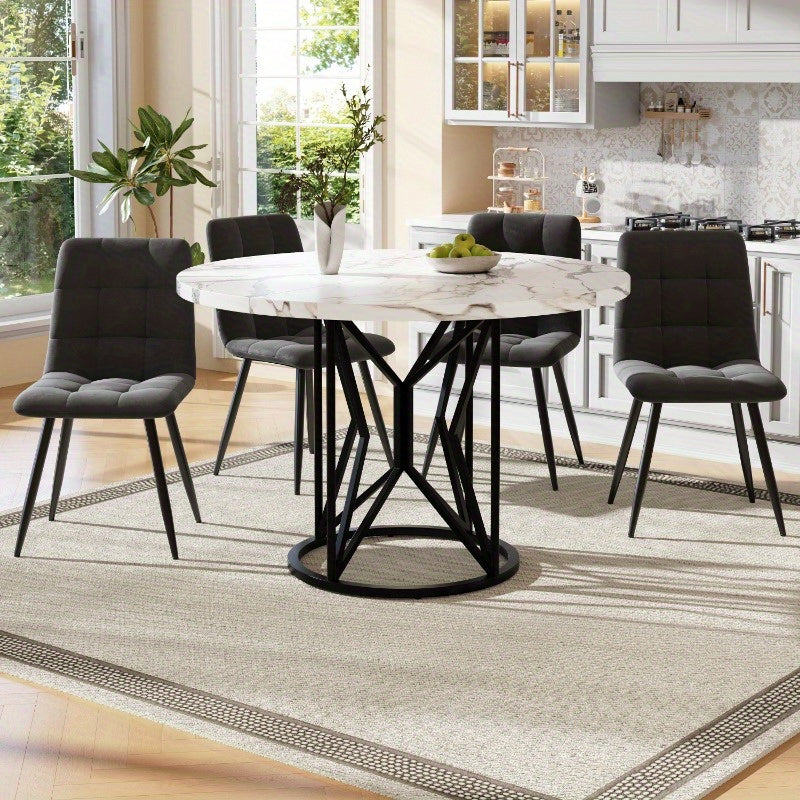 Eetkamer Set 5-delig – Ronde Tafel – Keuken Meubel – Diningset – Stoelen Set – MDF Wit Blad – Grijs Fluweel Bekleding
