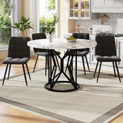 Eetkamer Set 5-delig – Ronde Tafel – Keuken Meubel – Diningset – Stoelen Set – MDF Wit Blad – Grijs Fluweel Bekleding