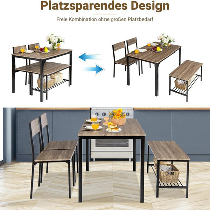4-delige Eettafelset – Eettafel Met Stoelen – Bank Met Opbergruimte – Industriële Eetkamer Set – Grijs – Ruimtebesparend Ontwerp – Stevig Metalen Frame