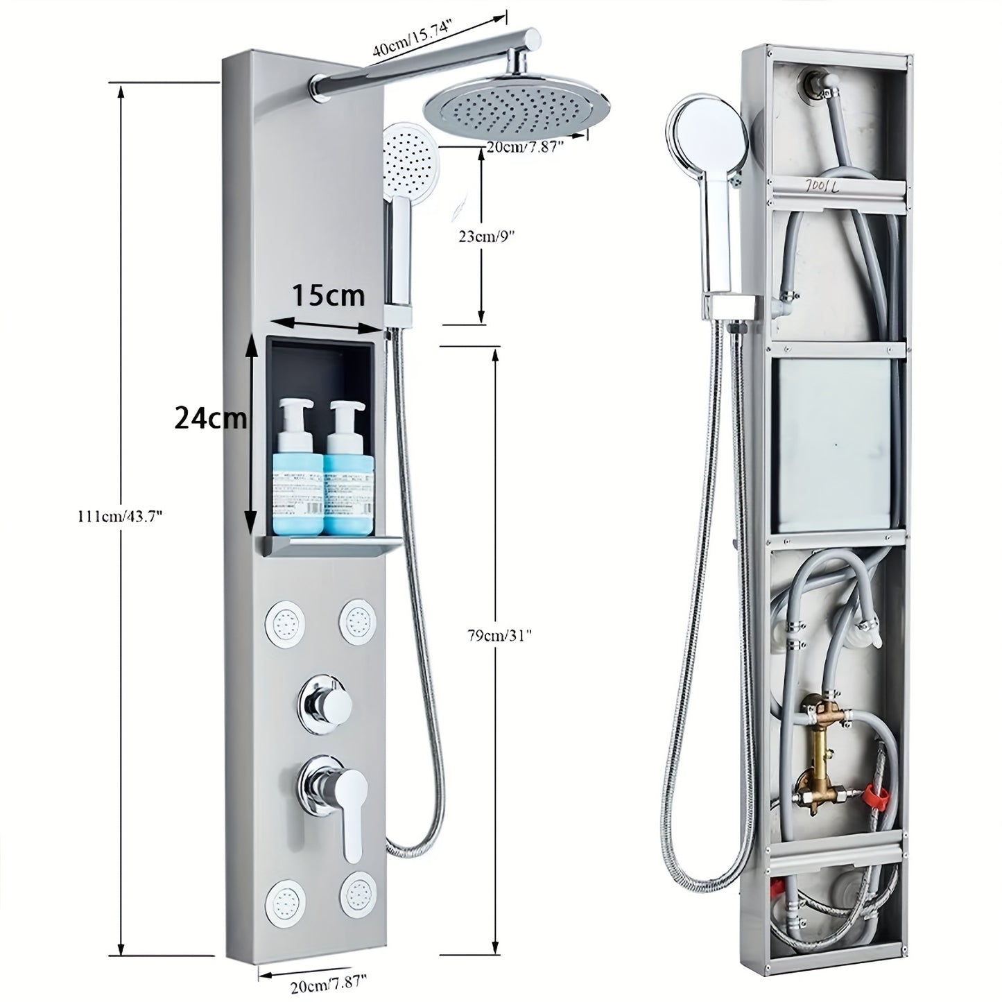 Douchepaneel – Douchewand – Regendouche – Massagepaneel – Handdouche – Geborsteld Nikkel – Roestvrij Staal – 5 Functies – Wandmontage – Ingebouwde Plankjes
