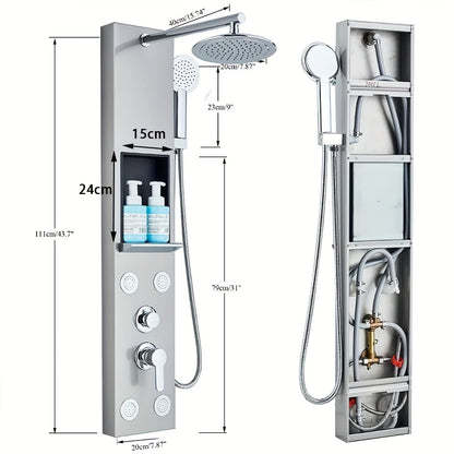 Brushed Nickel Shower Panel Tower System, 5-Function Shower Faucet SetRainfall Shower Head with Massage Jets Tub Spout Shower Shelves, Stainless Steel, Wall Mount