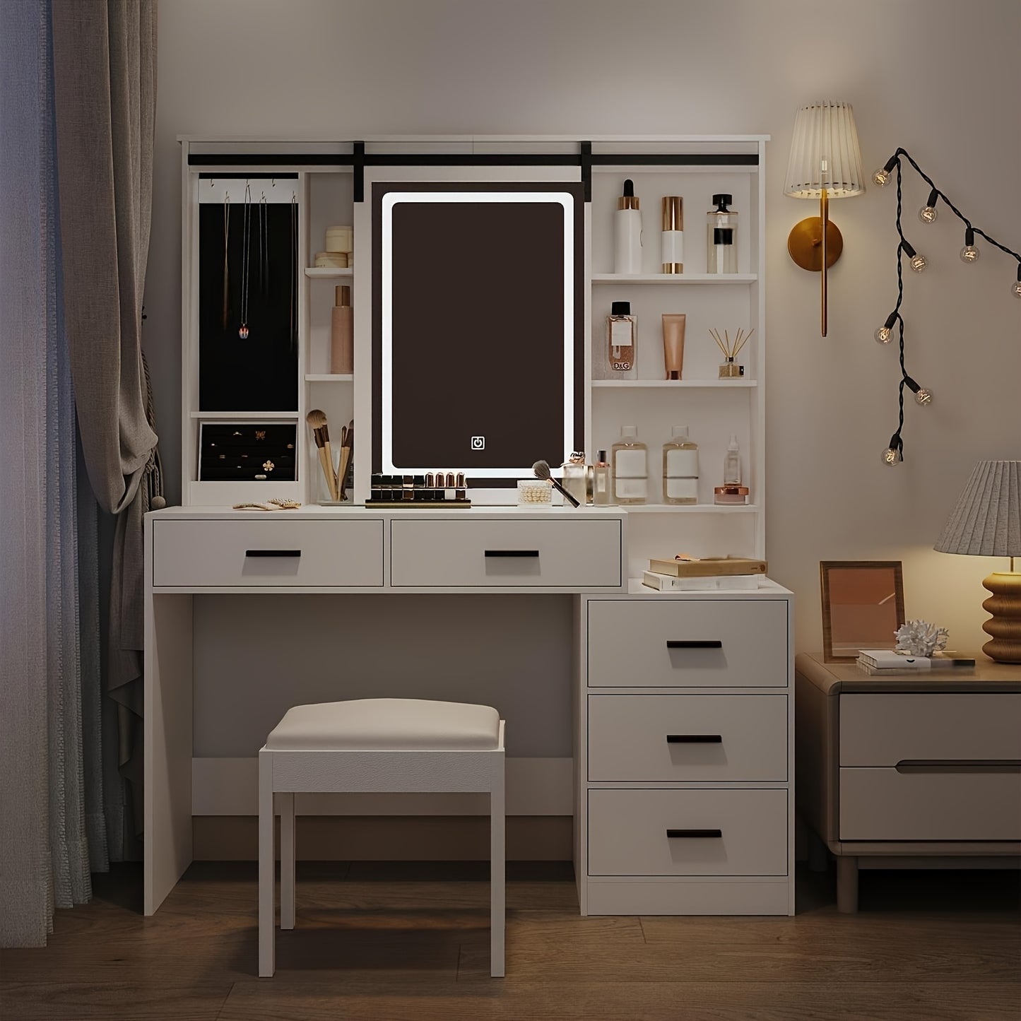 Kaptafel – Make-up Tafel – Vanity – Opmaaktabel – Cosmeticatafel – Verstelbare LED Verlichting – Grote Verplaatsbare Spiegel – Sieradenopslag – 5 Laden – Open Plank – Wit – 120x40x150 cm