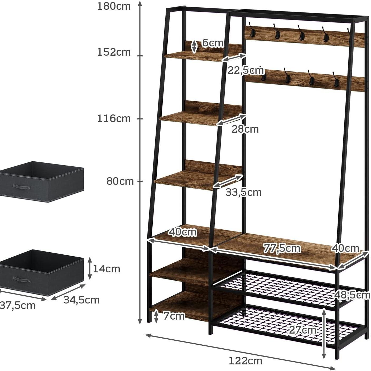 Kapstok – Garderobekast – Garderoberek – Staande Kapstok – Opbergkast – Industriële Garderobe – 9 Dubbele Haken – Zitbankje Met Opbergruimte – 122x40x180 cm – Metaal en Hout