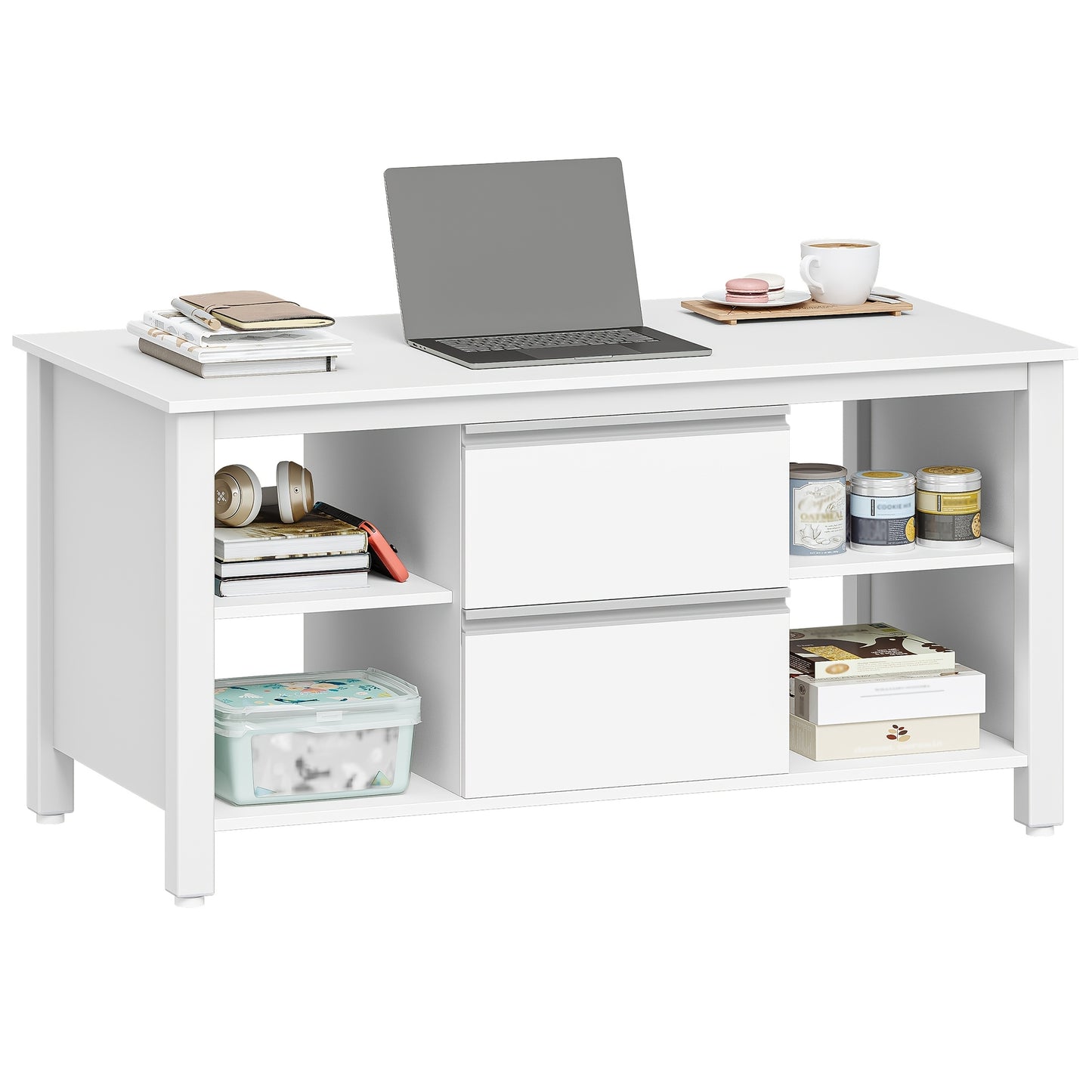 Salontafel – Woonkamertafel – Bijzettafel – Sofa Tafel – Tafel Met Lades – Wit Mat – 100x50x50 cm – Stalen Poten – 2 Lades + 4 Open Vakken