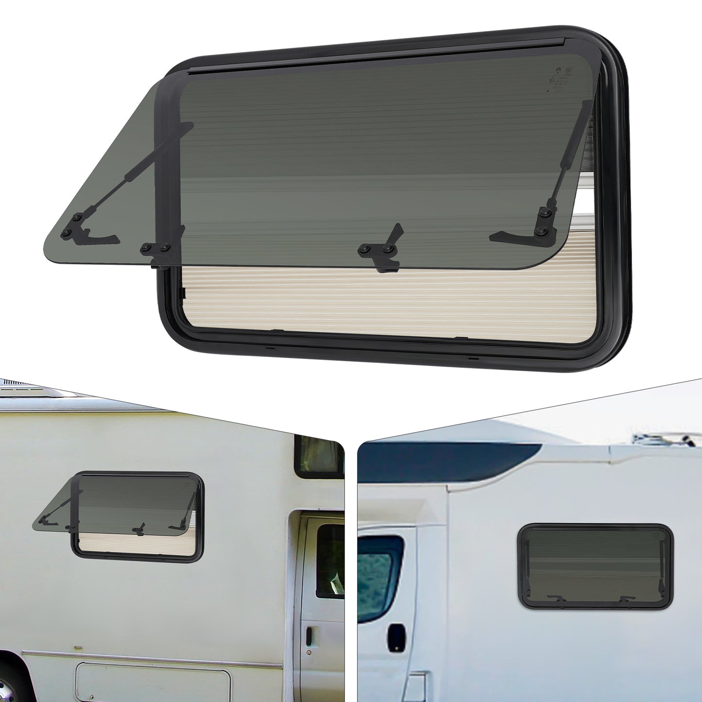 Uitzetraam Camper – Caravanraam – Mobiel Raam – Rolvenster – Ventilatieraam – Gebogen Gehards Glas – Aluminium Frame – Inclusief Horrenraam – 800x500 mm – Duurzaam Lichtgewicht