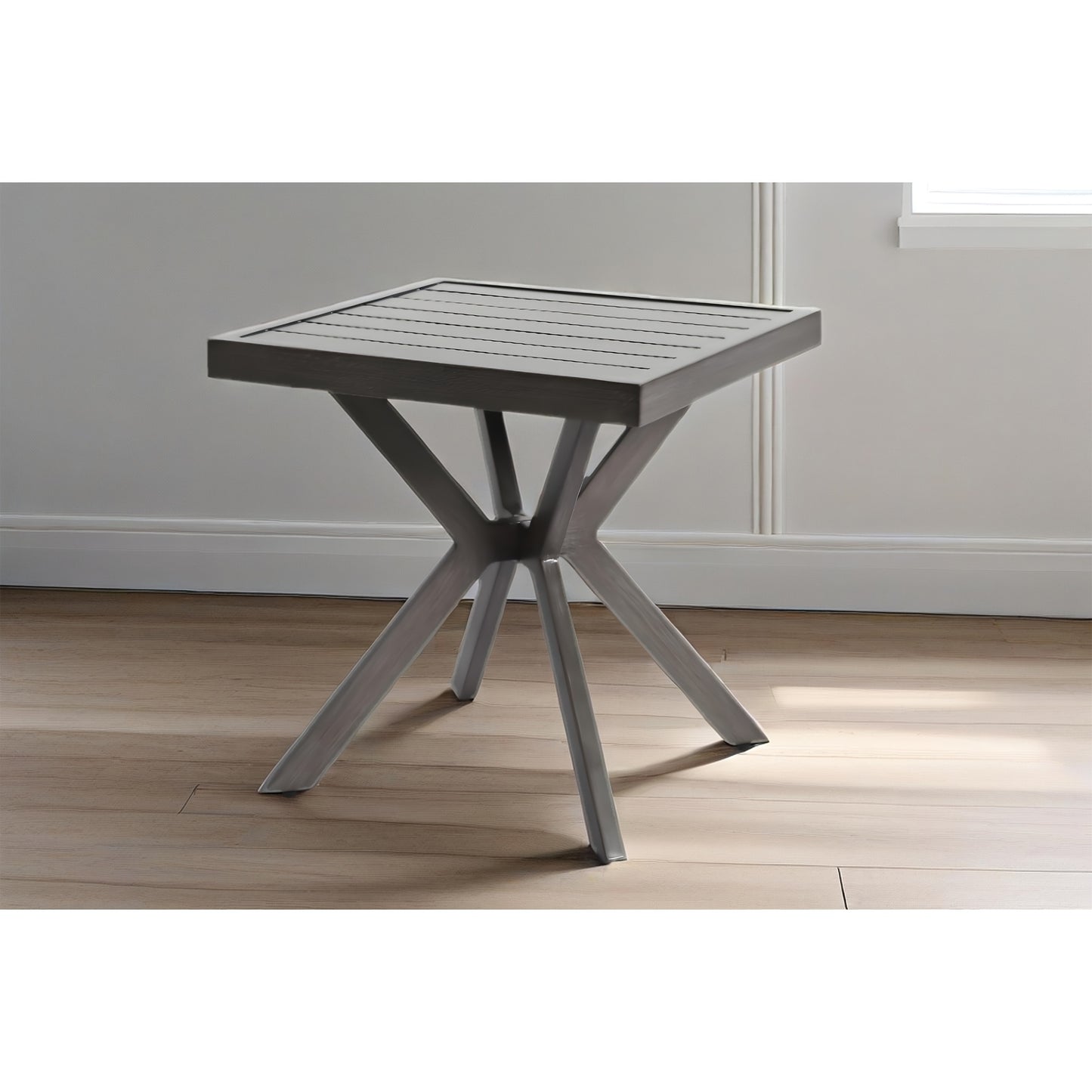 Bijzettafel – Sidetable – Salontafel – Banktafel – Nachtkastje – Weerbestendig Aluminium – Donkergrijs – Vierkant – Modern X-poot – Voor Binnen en Buiten