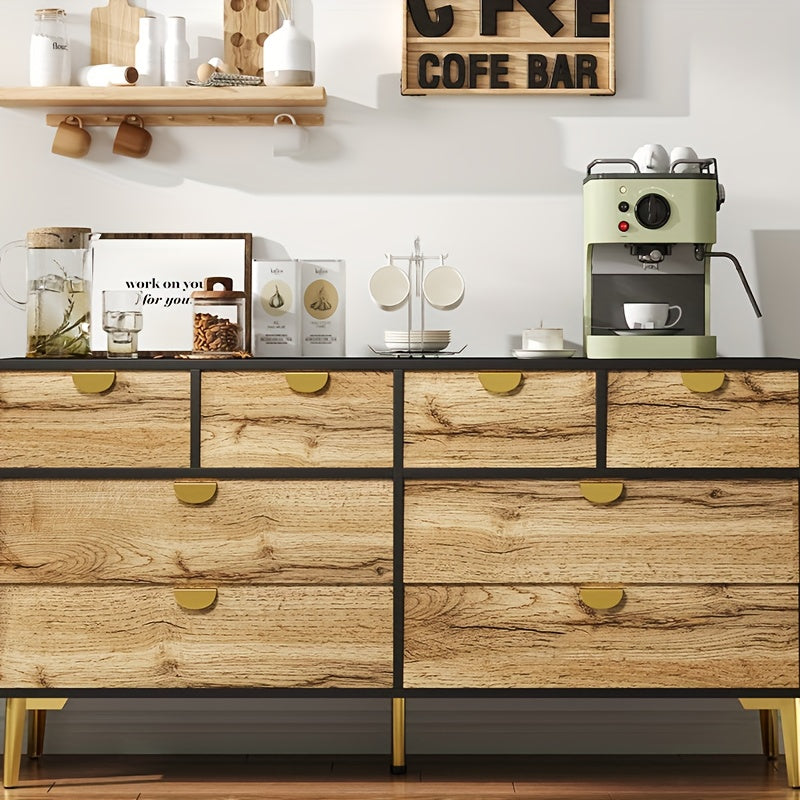 Dressoir – Buffetkast – Opbergkast – Sideboard – Commode – 8 Laden – Vrijstaand – Modern Design – Donkere Deuren – Gouden Poten – Zonder Elektriciteit – Ruime Opbergruimte