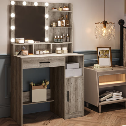 Kaptafel – Make-uptafel – Schoonheidstafel – Make-upmeubel – Greige – 10 Dimbare LED Lampen – 3 Planken & Grote Lade