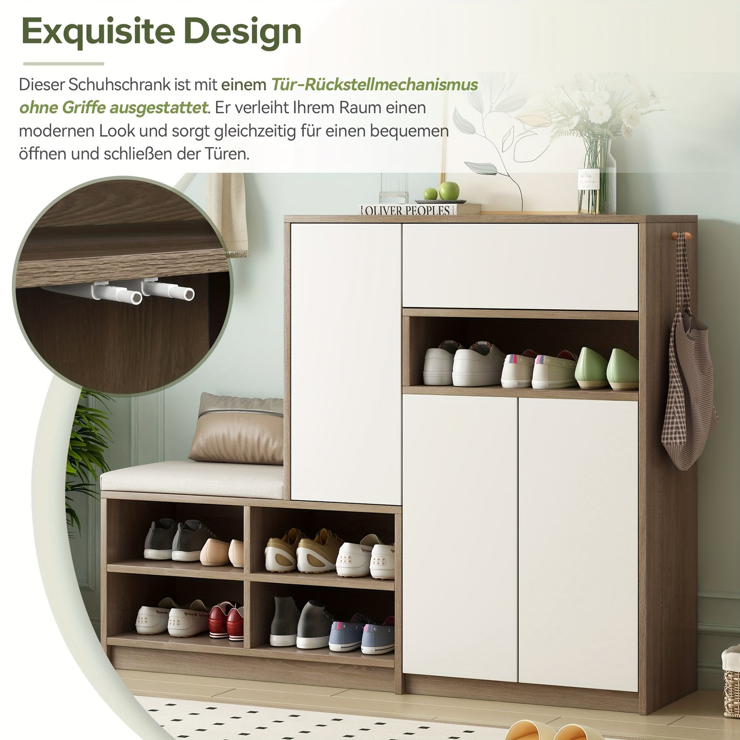 White Shoe Storage Bench & Cabinet with Padded Seat, Adjustable Shelves, and Open Compartment – Multifunctional Hardwood Shoe Organizer for Hallway or Entryway, Contemporary Design, 140cm W x 35cm D x 110cm H, Entryway Furn