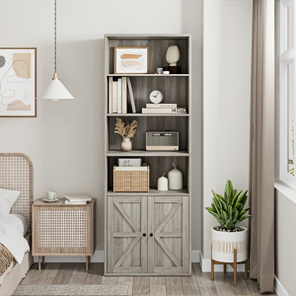 Industrial Farmhouse Bookcase with Doors - Heavy-Duty Freestanding bookshelf, Sturdy Wood Construction, Open & Closed Storage Shelves, for Living Room, Bedroom, Home Office - Modern Industrial Organizer Furniture