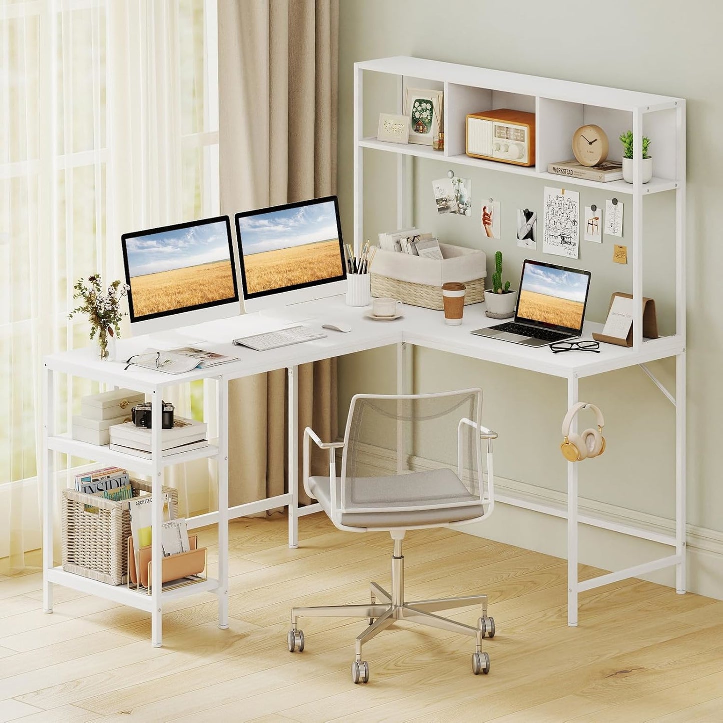 L-vormig bureau – Hoekbureau – Computerbureau – Werkplek – Bureau met opbergruimte – Wit – Inclusief headphonehouder – Robuust MDF met krasbestendige coating