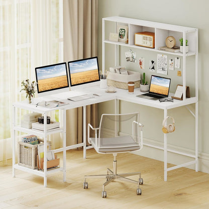 L-vormig bureau – Hoekbureau – Computerbureau – Werkplek – Bureau met opbergruimte – Wit – Inclusief headphonehouder – Robuust MDF met krasbestendige coating