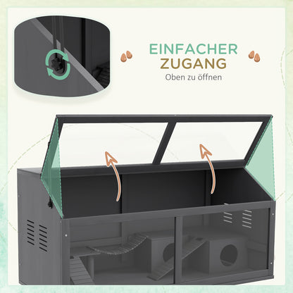 Hamsterkooi – Knaagdierenkooi – Muizenkooi – Gerbilkooi – Kleine Dierenkooi – 100cm Donkergrijs – Open Dak Met Tredebrug & Ladder – Duurzame Plastic Bodem Met Voeder- en Drinkdispenser