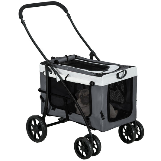 Dierenwagen – Hondenwagen – Kattenwagen – Huisdierwagen – Draagbare Mand – Stevige Stalen Frame – Ademend Gaas Met Veiligheidsharnassen – Grijs 81x58x97,5 cm