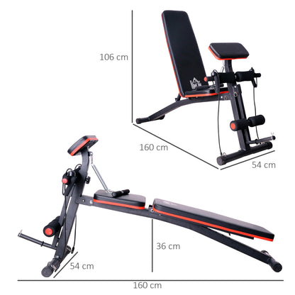 Verstelbare Halterbank – Gewichtbank – Fitnessbank – Trainingsbank – Bank Voor Krachttraining – Inklapbaar – Versterkt Stalen Frame – Elastische Weerstandsbanden + Dumbbellhouder – Zwart/rood