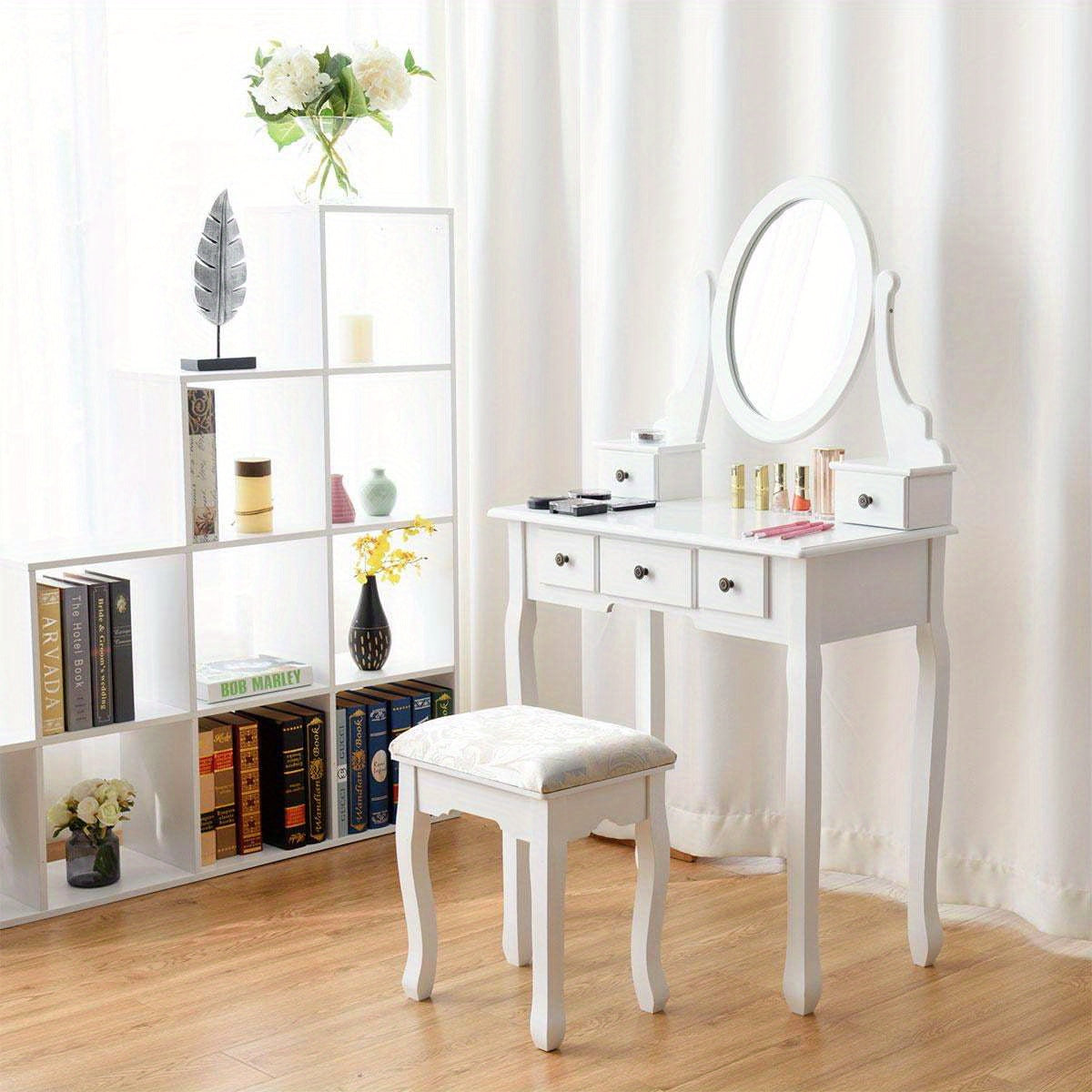 Kaptafel – Make-uptafel – Schminktafel – Beauty Tafel – Dressing Table – Draaibare Spiegel – 5 Laden – Gestoffeerde Kruk – Modern Design – Glas & Kunststof