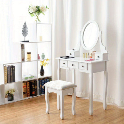 Kaptafel – Make-uptafel – Schminktafel – Beauty Tafel – Dressing Table – Draaibare Spiegel – 5 Laden – Gestoffeerde Kruk – Modern Design – Glas & Kunststof