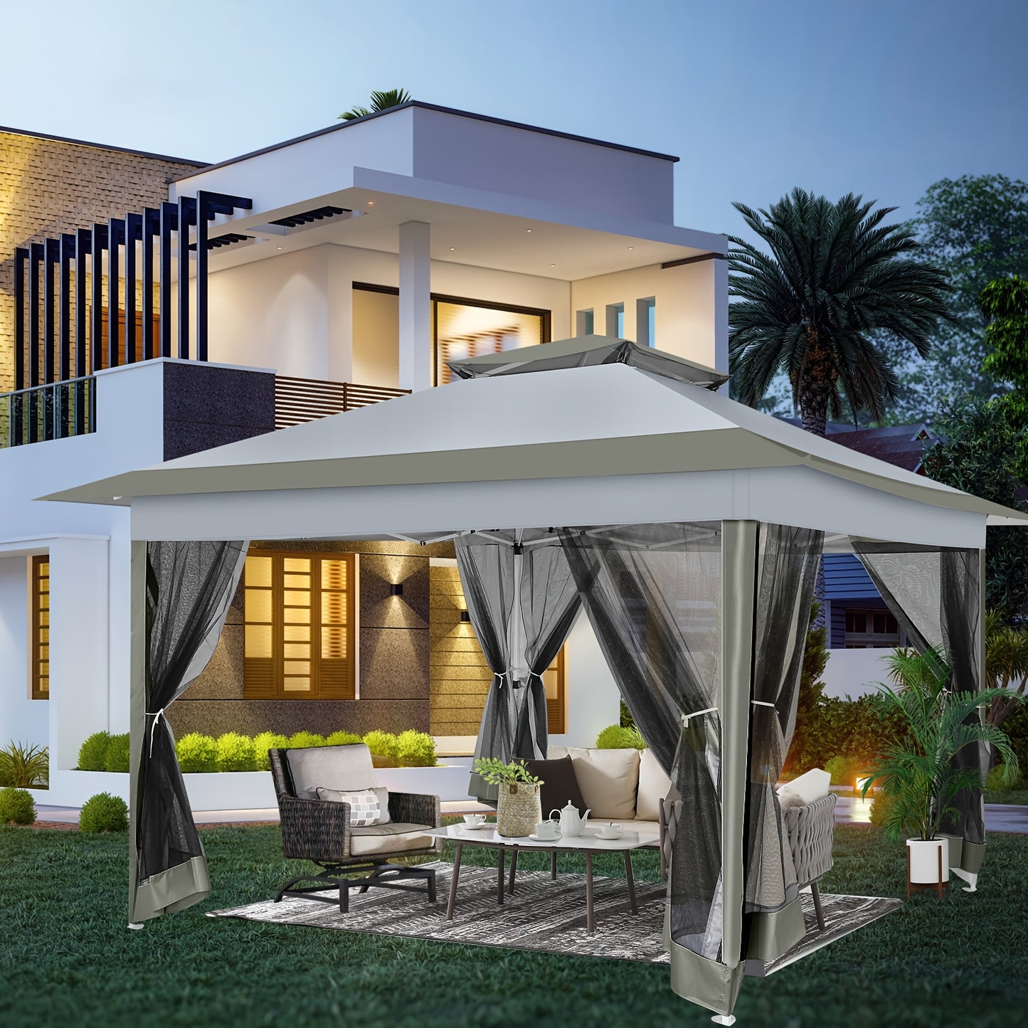 3.6*3.6m Outdoor Gazebo Pop Up Gazebo Canopy With Mosquito Netting Patio Gazebo Canopy Tent Backyard Canopy With 2-Tiered Vented Top 3 Adjustable Height And 144 Square Ft Of Shade