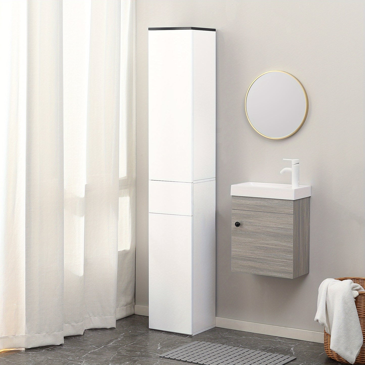 Kleankin Tall Space-Saving Bathroom Cabinet with 2 Doors, 2 Cabinets & Adjustable Shelves - Modern & Design, MDF/Fiberboard Construction, Moisture-Resistant Hardwood Frame, -Tip Safety System, Golden-Toned Hardware - Over-The