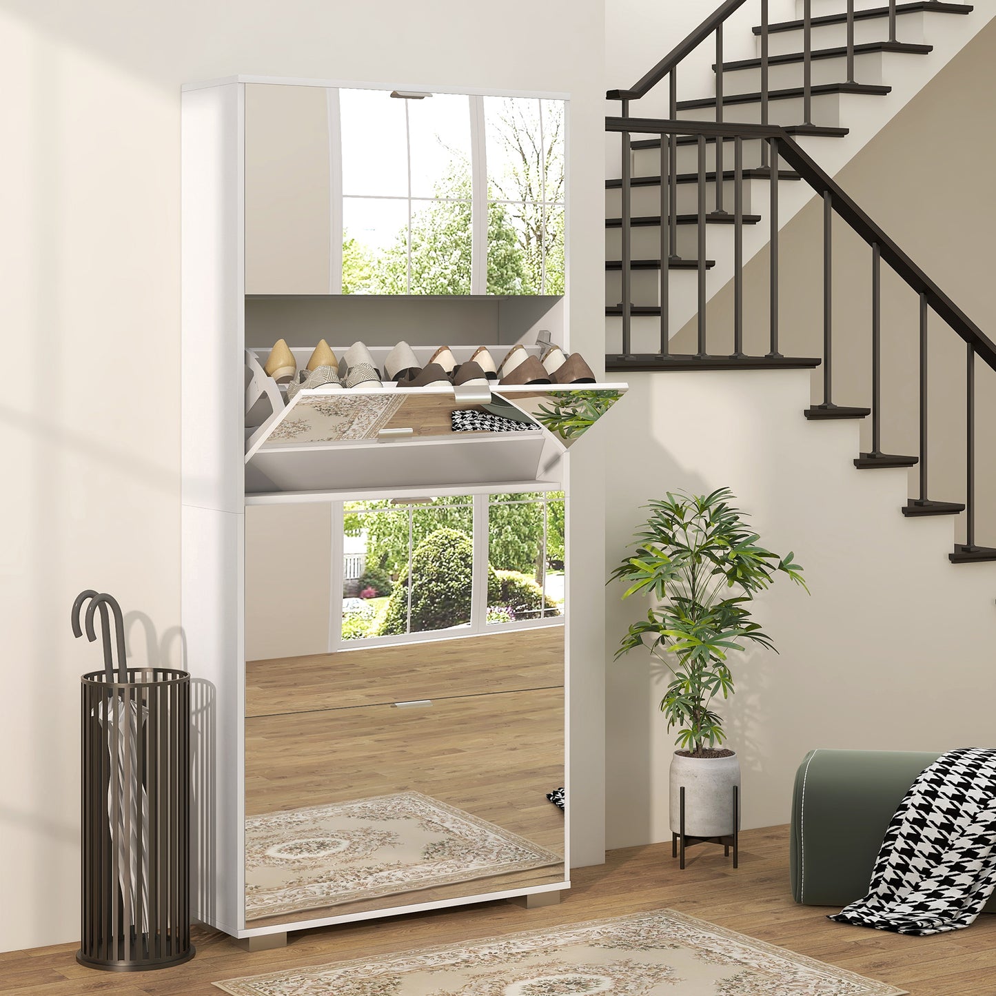 Schoenenkast – Schoenenrek – Schoenenopberger – Hal meubel – 2-in-1 met smalle spiegel – 4 draaideuren met verstelbare planken – Compact 76x26x168 cm – Wit