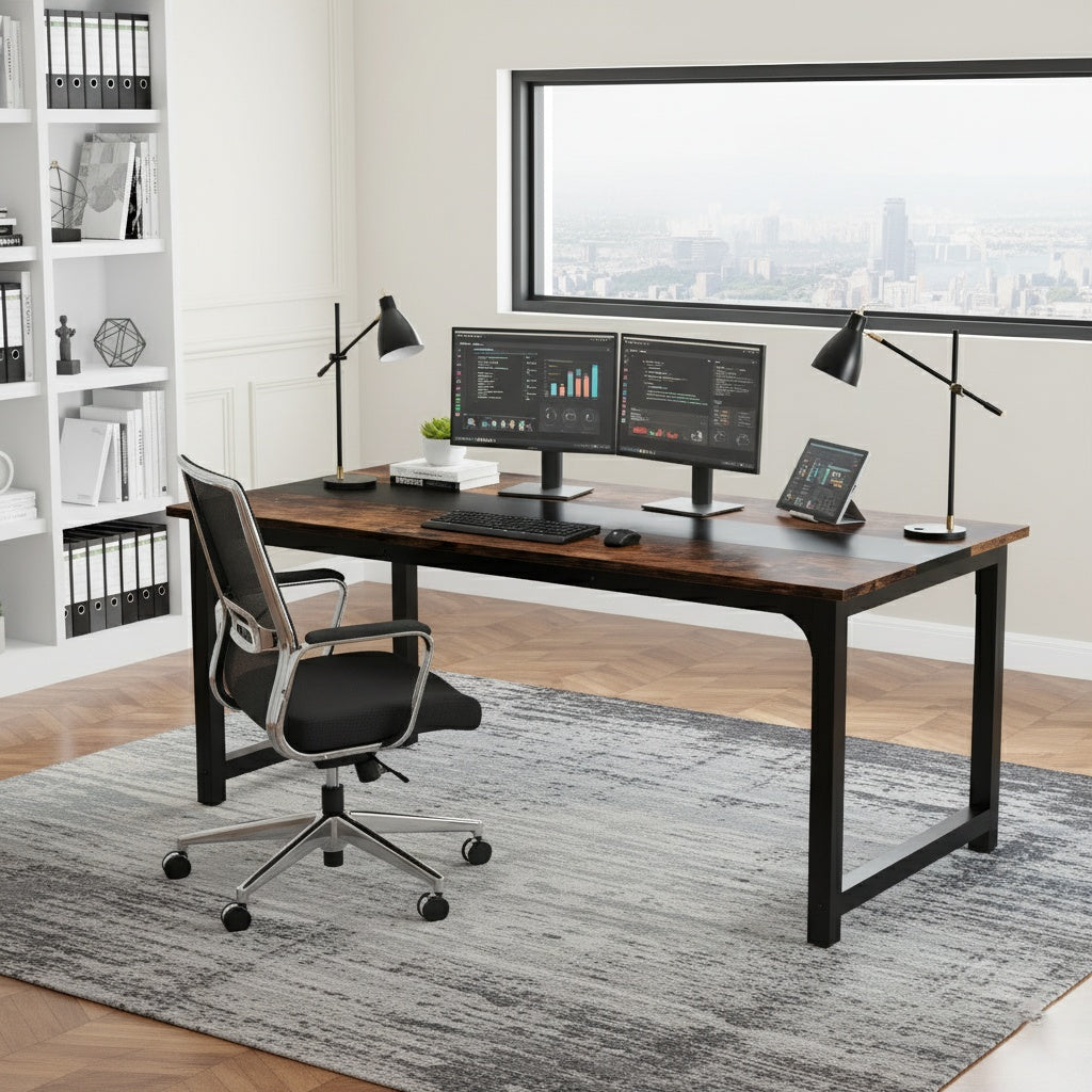 Industrieel Bureau – Werkplek – Schrijftafel – Computerbureau – Vergadertafel – Vintage Bruin/ Zwart – 160 cm Breed – Stevige Metalen Poten – Ruim Werkblad – Veel Beenruimte