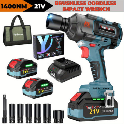 Yanhama 21V 3-Speed Variable Speed Electric Wrench - 1400Nm High Torque, Brushless Motor Design with LED Lights & Dual Batteries for Longer Durability, Cordless Power Tool for DIY Projects, Professional Use, Cordless Wrench,
