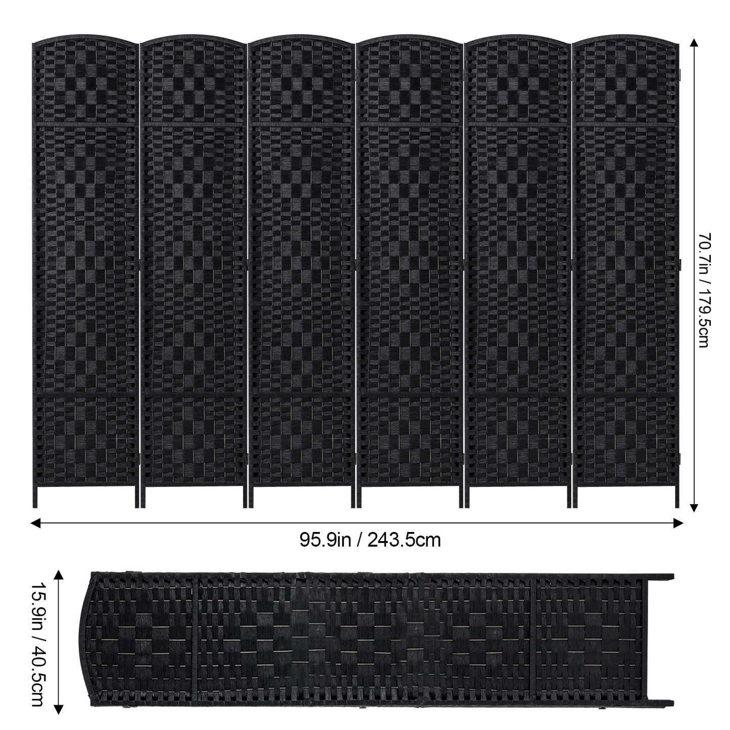 Kamerverdeler – Ruimteverdeler – Scheidingswand – Privacy Scherm – 6 Panelen – Paulownia Hout – Handgeweven Rattan – 360° Draaibaar – Zwart