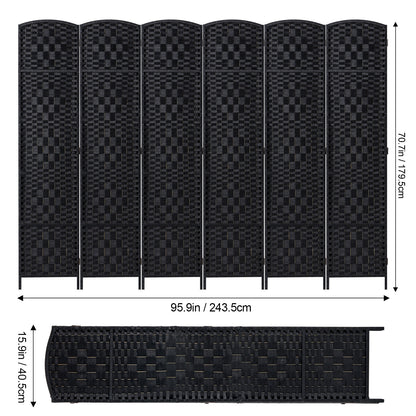Kamerverdeler – Ruimteverdeler – Scheidingswand – Privacy Scherm – 6 Panelen – Paulownia Hout – Handgeweven Rattan – 360° Draaibaar – Zwart
