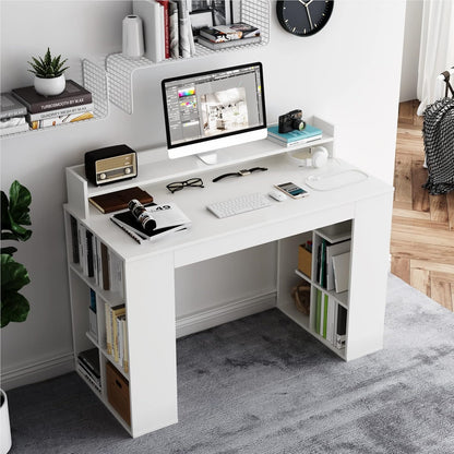 Bureaublad Met Monitorstandaard – Computerbureau – Werktafel – Bureau Met Boekenplank – Bureau Met Opslag – Stevig MDF Materiaal – Ergonomische Monitorverhoger – Wit