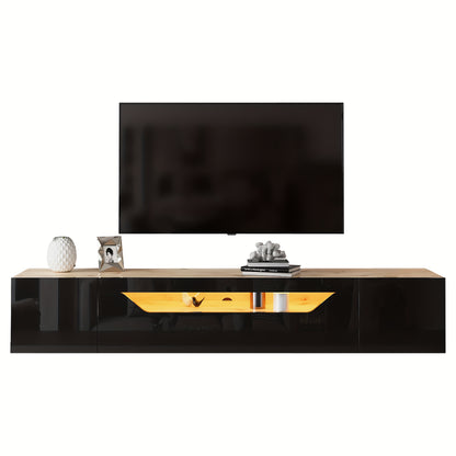 Modern Floating Wall-Mounted TV Stand with 3 Storage Compartments & Low Panel - Heavy-Duty Metal Construction, Space-Saving Design for 75-Inch TVs, Black & Natural Wood Finish, Minimalist Entertainment Center for Living Room,