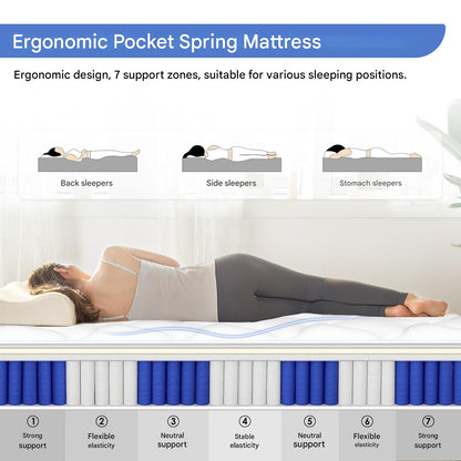 Matras 7-zones Pocketvering – Slaapmatras – Stevig Matras – Ergonomisch Matras – Matrassen – H3 Extra Stevig – Afneembare Wasbare Katoenen Hoes – 140x200 cm / 90x200 cm / 90x190 cm – 25-28 cm Dikte
