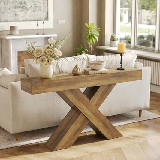 55-Inch Industrial Rustic Console Table - X-Shaped Narrow Entryway Table with Engineered Wood Top, Freestanding Sofa Table for Living Room, Foyer, Hallway - Easy Assembly, No Power Needed, Rustic Brown Finish, Console Table f