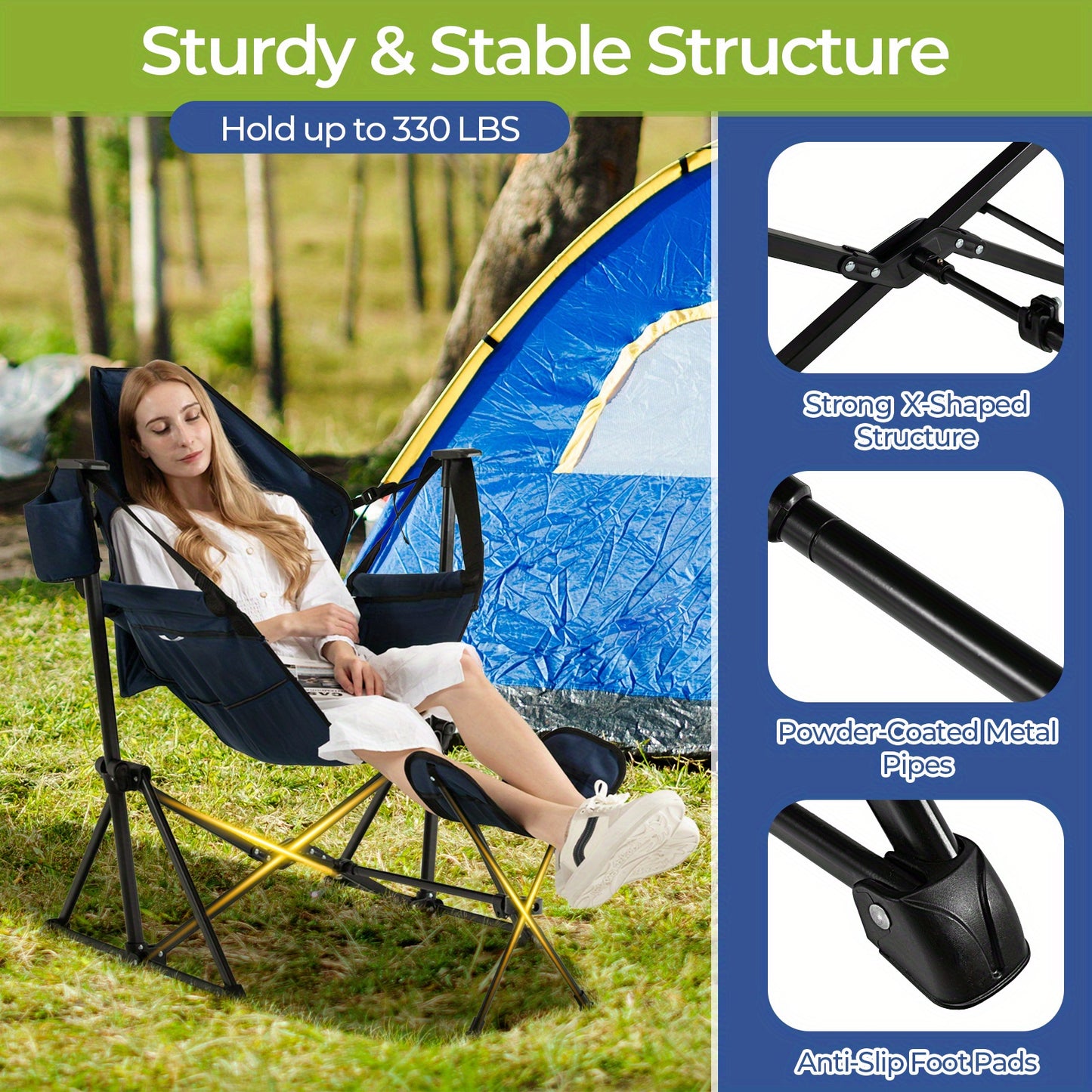 Campingstoel – Vouwstoel – Kampeerstoel – Visstoel – Strandstoel – Verstelbare Rugleuning – Uitschuifbare Voetensteun – Gevoerd Hoofdkussen – Roestvrij Metalen Frame – Navy Blauw