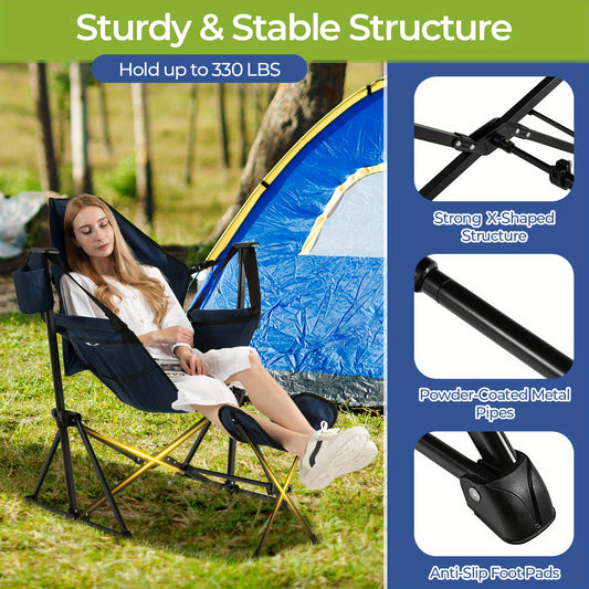 Campingstoel – Vouwstoel – Kampeerstoel – Visstoel – Strandstoel – Verstelbare Rugleuning – Uitschuifbare Voetensteun – Gevoerd Hoofdkussen – Roestvrij Metalen Frame – Navy Blauw