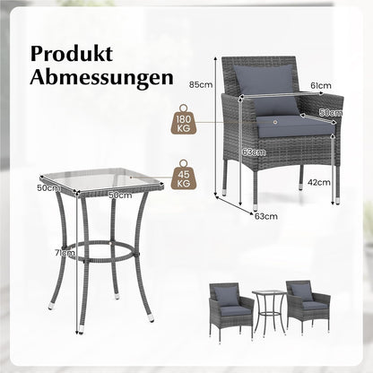 Tuinmeubelset – Tuinset – Tuinlounge – Balkonset – Loungeset – Poly Rattan – Glazen Tafel – Inclusief Kussens – Weerbestendig – Compact Design