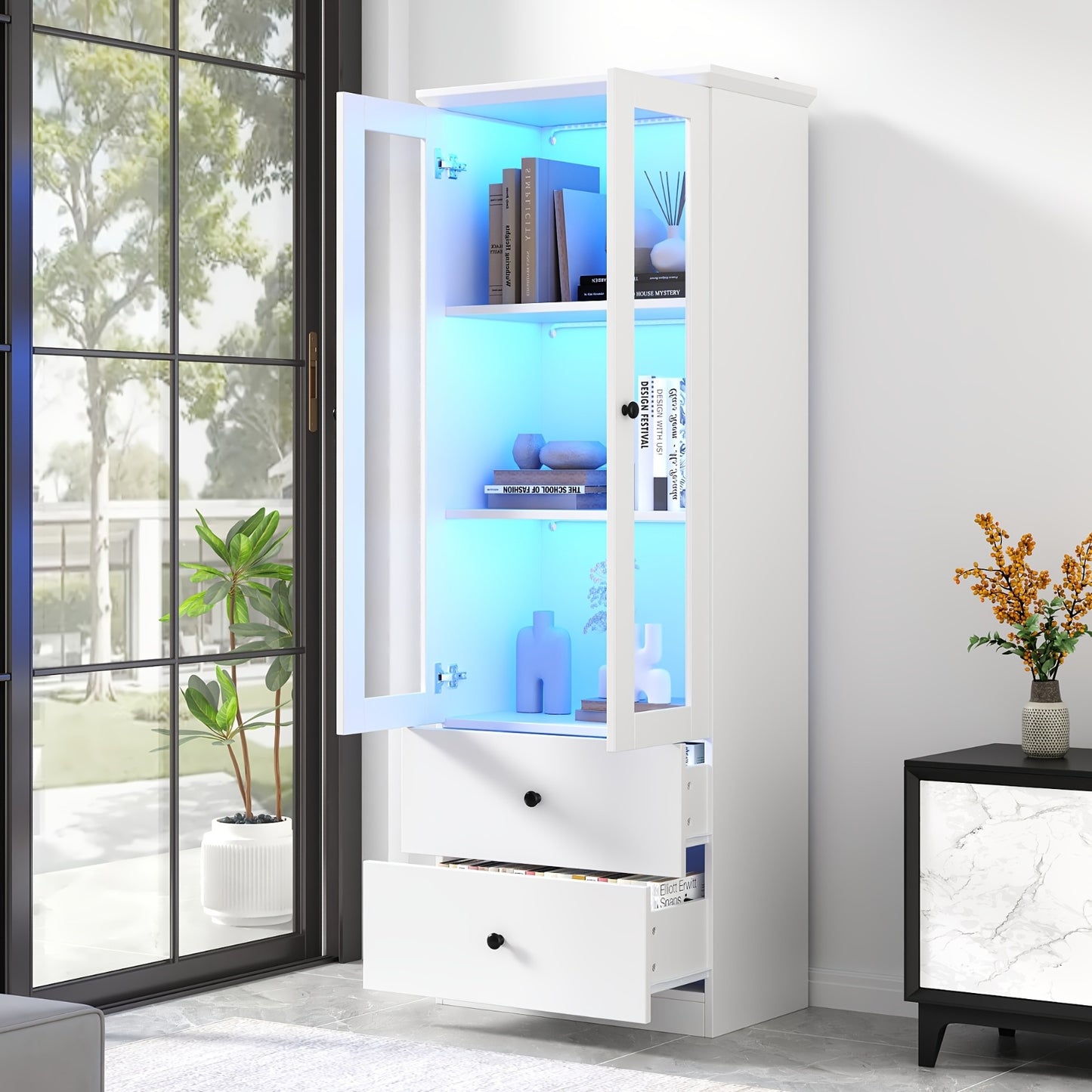 Displaykast – Vitrinekast – Glazen Kast – Opbergkast – Boekenkast – Mat Wit – 165 Cm Hoog – Verstelbare Planken & 2 Laden – Bamboe Materiaal
