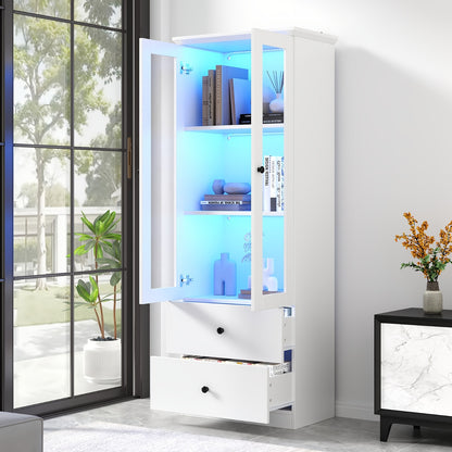 Displaykast – Vitrinekast – Glazen Kast – Opbergkast – Boekenkast – Mat Wit – 165 Cm Hoog – Verstelbare Planken & 2 Laden – Bamboe Materiaal