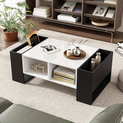 Salontafel – Woonkamertafel – Koffietafel – Tafeltje – Bijzettafel – Zwart-Witte Hoogglans Uitvoering – 4 Open Vakken & 2 Lades – Duurzame Constructie – Geen Montage