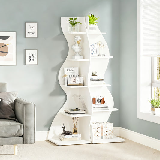 Modern White Wave-Shaped L-Shook Corner Bookshelf - 5-Tier -Standing Shelf with Curved Space-Saving Design, Thickened Wood Panels for /Office Storage & Display, Easy Assembly (Compatible with bookcases, Compatible with shelves) - 178cm)