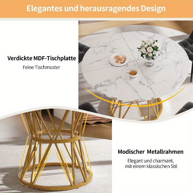 Modern Round Dining Table with Marble Look Top & Golden Metal Legs - White & Golden Marble Pattern Kitchen Table, Space-Saving 100cm Round Table for Small Spaces, Sturdy MDF-Free Metal Base, Easy-Clean Surface, Classic Contem
