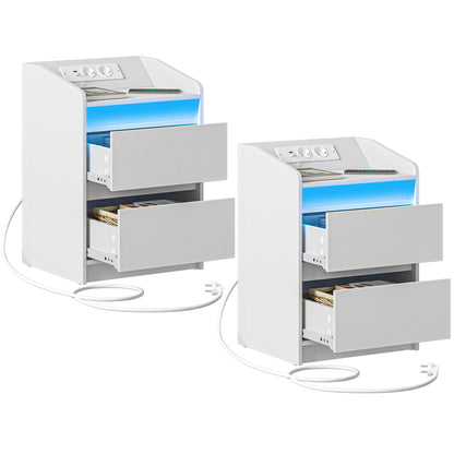 Nachtkastje – Bijzettafel – Opbergkastje – Ladekast – Witte Set Van 2 – 2 Laden Per Kastje – Ingebouwde USB Poorten En Stopcontacten