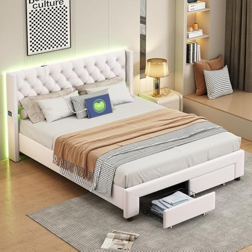 Bed – Bedkast – Tweepersoonsbed – Opbergbed – Opbergkast – Crème Kleur – LED Hoofdbord – 140x200 cm – 2 Grote Lades – USB Oplaadpoort