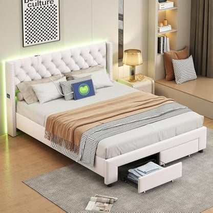 Bed – Bedkast – Tweepersoonsbed – Opbergbed – Opbergkast – Crème Kleur – LED Hoofdbord – 140x200 cm – 2 Grote Lades – USB Oplaadpoort