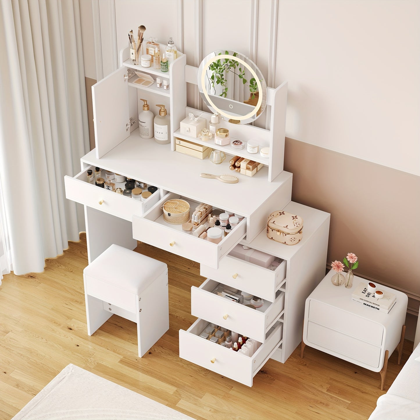 Kaptafel Wit – Dressing Table – Make-up Tafel – Make-up Kaptafel – Vanity Table – 5 Laden & Kast – Vrijstaand Ontwerp – Compact & Duurzaam – Inclusief Kruk