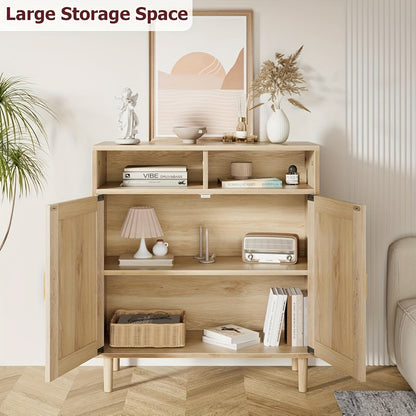 Rattan Sideboard – Buffetkast – Dressoir – Keukenkast – Opbergkast – Massief Hout & MDF – 3,2+ Kubieke Voet Opbergruimte – Freestanding 68,58 cm Hoog