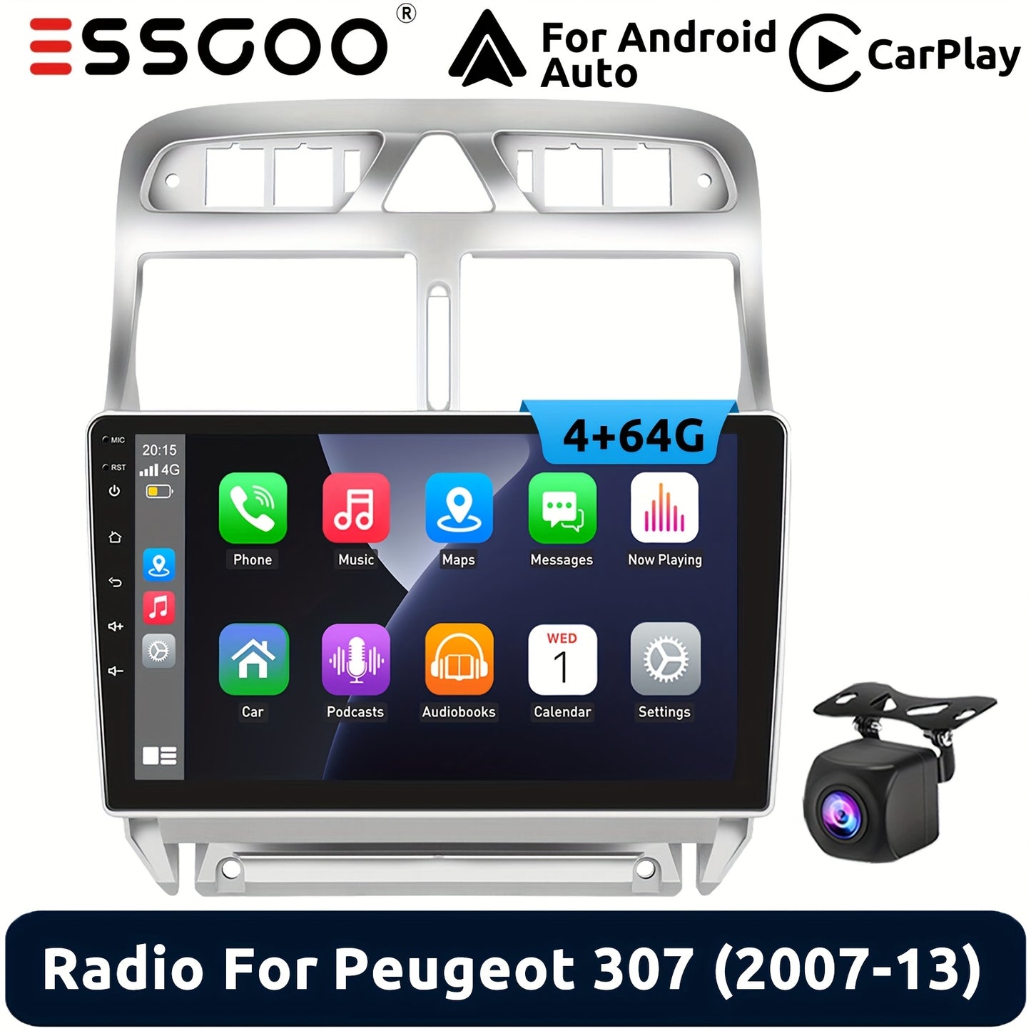 Multimediaspeler Peugeot 307 – Autoradio – 2 DIN Headunit – Navigatiesysteem – Touchscreen Radio – 9 Inch HD Scherm – Android 14 Systeem – Draadloze CarPlay & Android Auto – 4GB RAM 64GB Opslag – GPS Navigatie – AHD Achteruitrijcamera