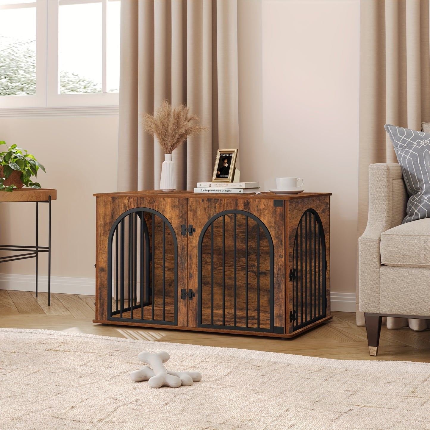 Hondenbench – Hondenkennel – Hondenhok – Hondenkooi – Binnenhuis Hondenbench – Middelgroot – Rustiek Bruin – Multifunctioneel Meubel – Drie Boogdeuren