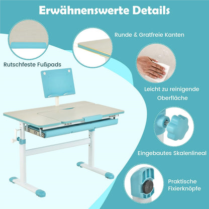 Kinderbureau – Kindertafel – Jeugdbureau – Tekentafel – Schoolbureau – Verstelbaar in Hoogte 51-73 cm – Kantelbaar Werkblad 0-60° – Opberglade Met Boekenplank – Blauw