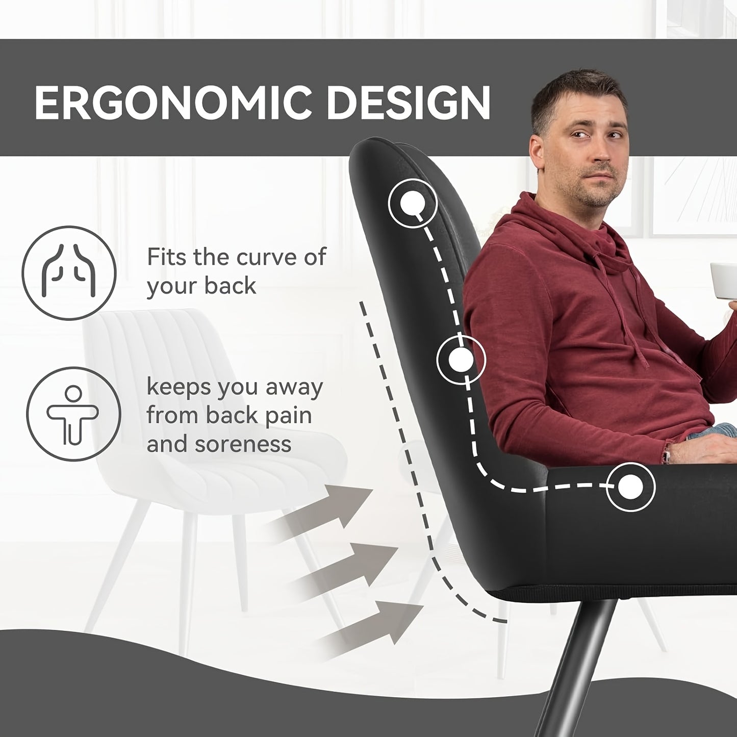 Eetkamerstoel – Stoel – Draaistoel – Keukenstoel – Bureaustoel – Ergonomisch Design – Zachte Schuimvulling – Zwart – Set van 2 – Synthetische Bekleding – Met Armleuningen – Metalen Frame