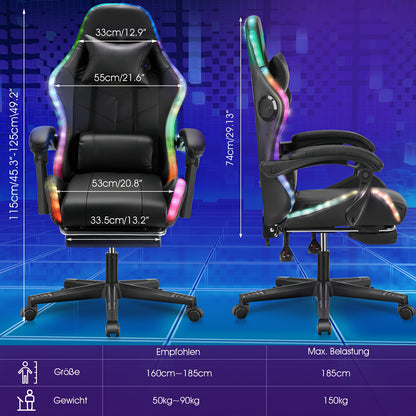 Gamingstoel – Bureaustoel – Draaistoel – Ergonomische Stoel – Zwarte RGB Verlichting – Verstelbare Rugleuning 135° – Memory Foam Zitting